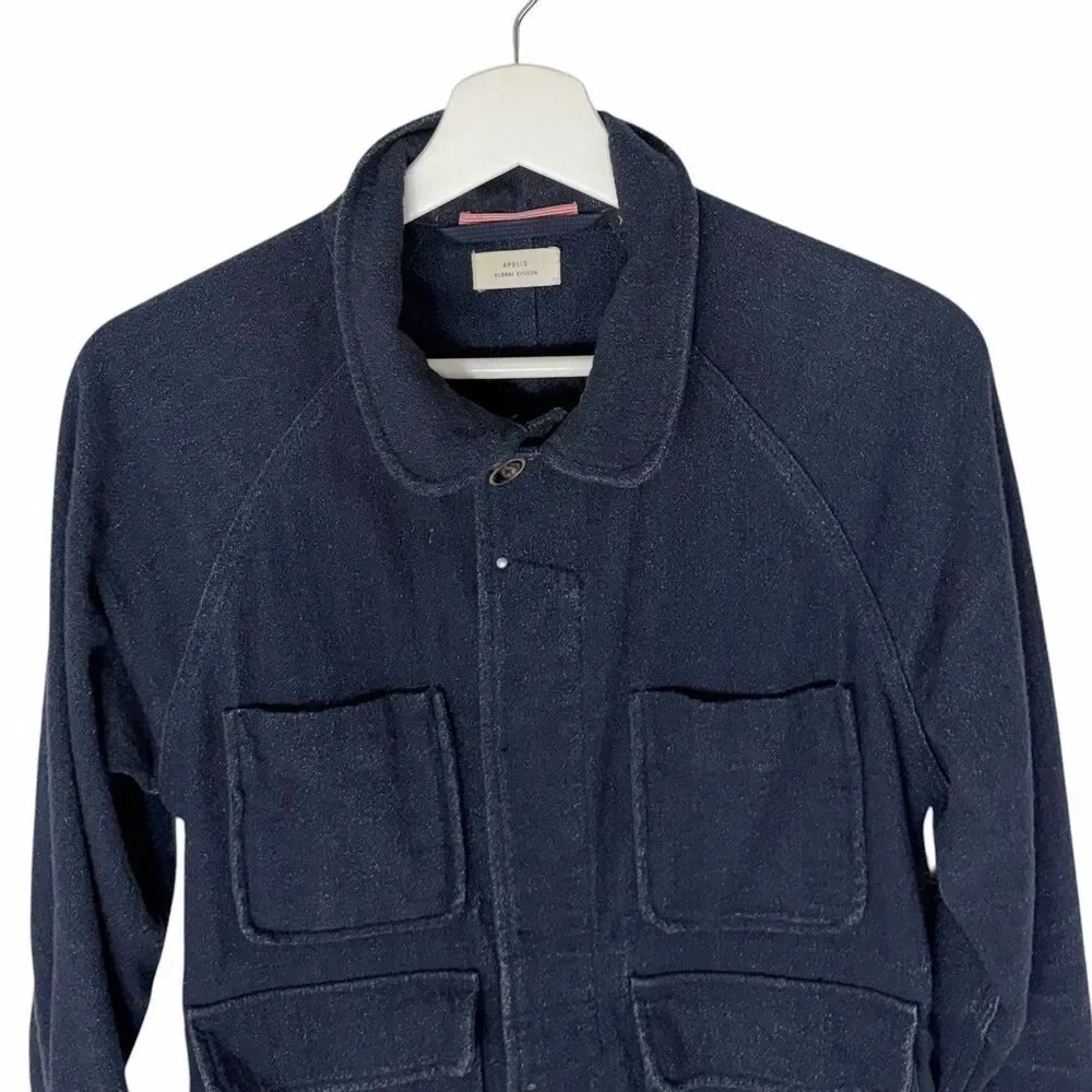 Apolis Indigo Chore Coat Dark Wash Utility Pockets XS Imperfect Mendedl
